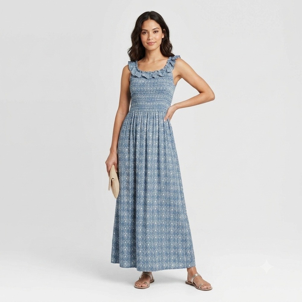 Gal Meets Glam Blue Floral Smocked Ruffle Maxi Dress 100% Cotton Size 16